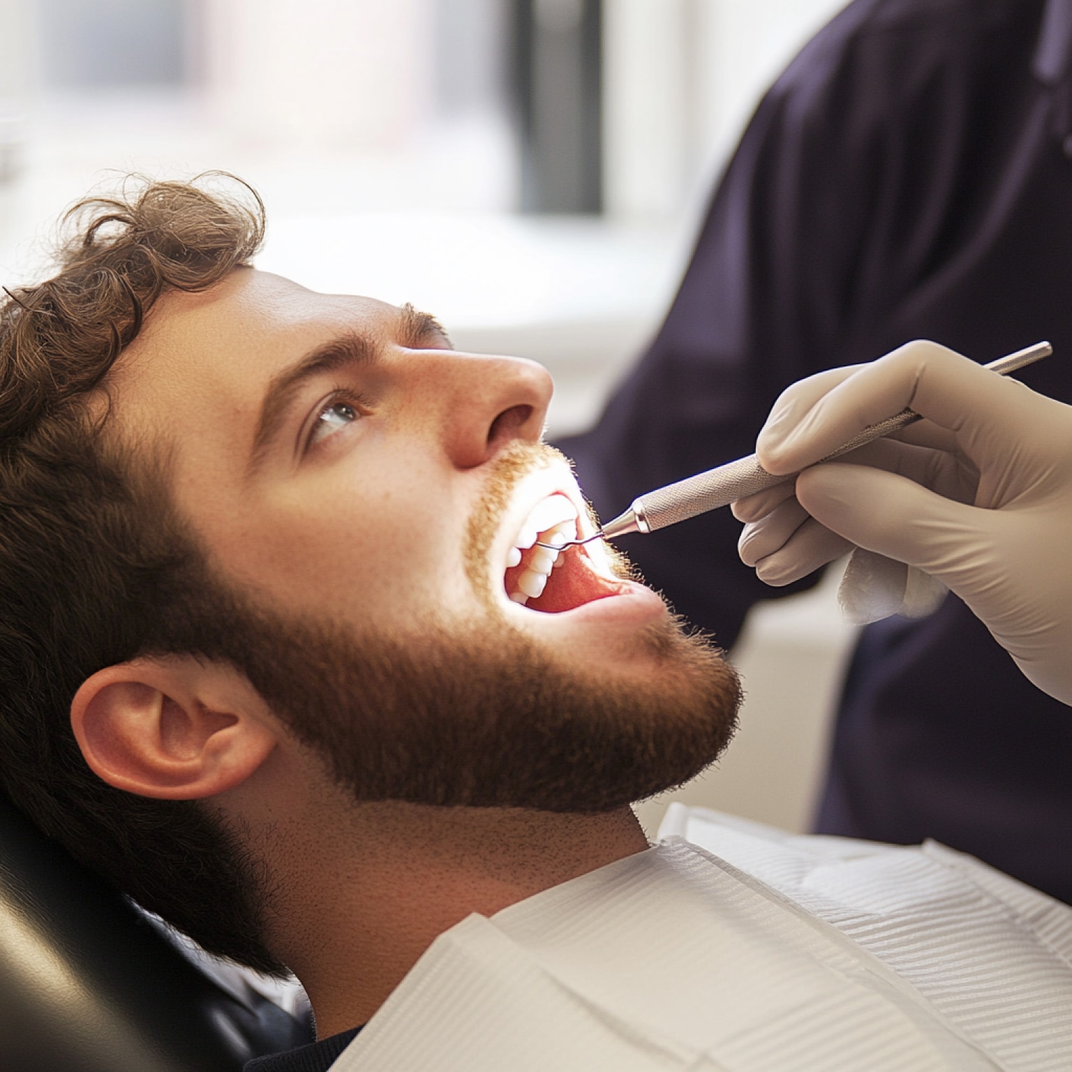 A dentist examines a person's teeth with a tool, using a light for better visibility during a dental checkup in an office setting.