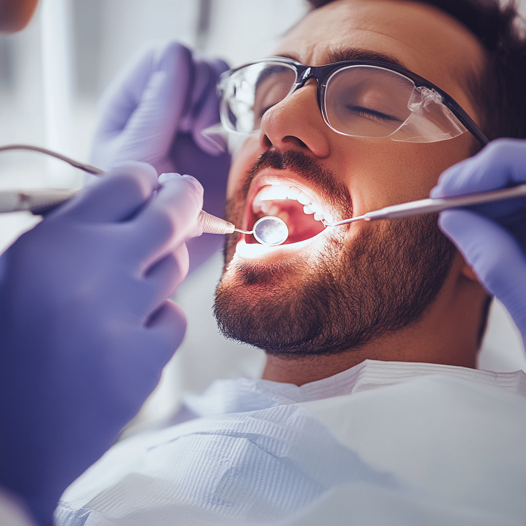 A person receives a dental examination, mouth open wide, wearing glasses, with dentist's gloved hands holding instruments under bright light.