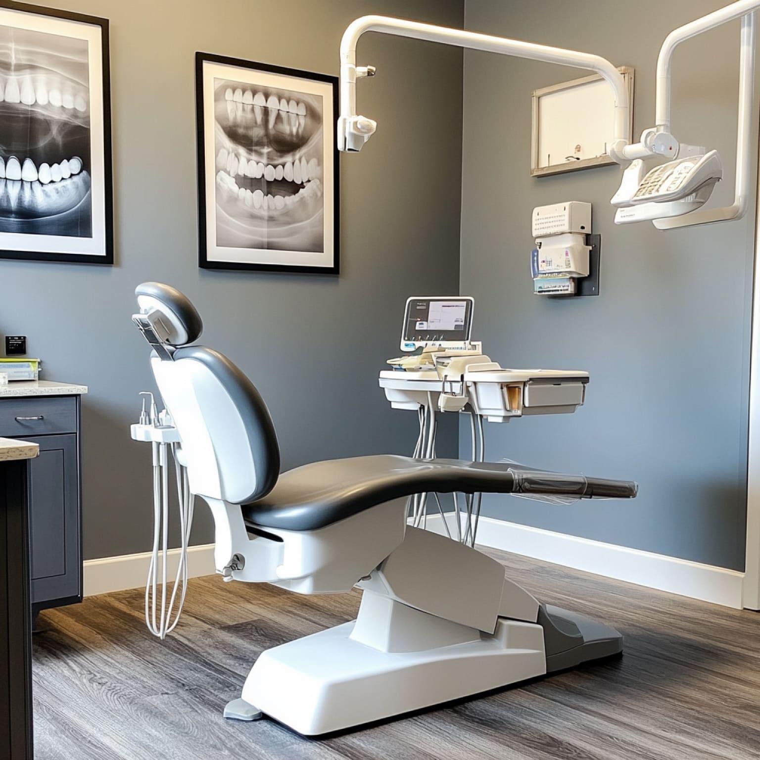 A modern dental office with a chair, equipment, and teeth X-rays on the wall, featuring a clean and organized workspace.