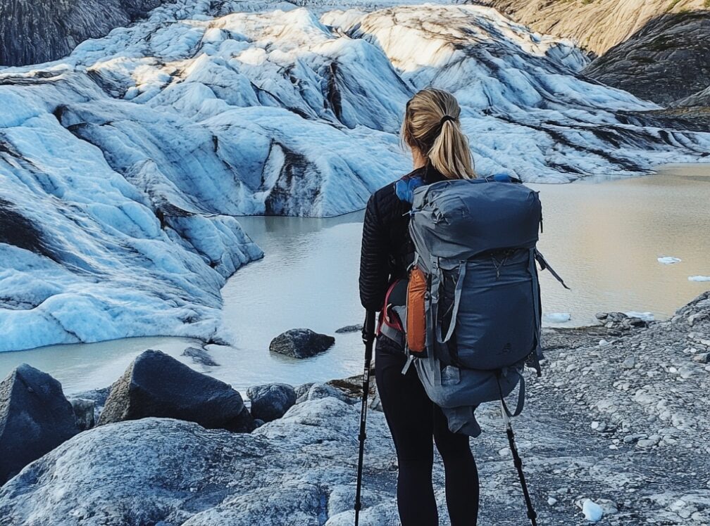 A person stands by a glacial landscape with a backpack, overlooking icy formations and a serene lake under a clear blue sky.