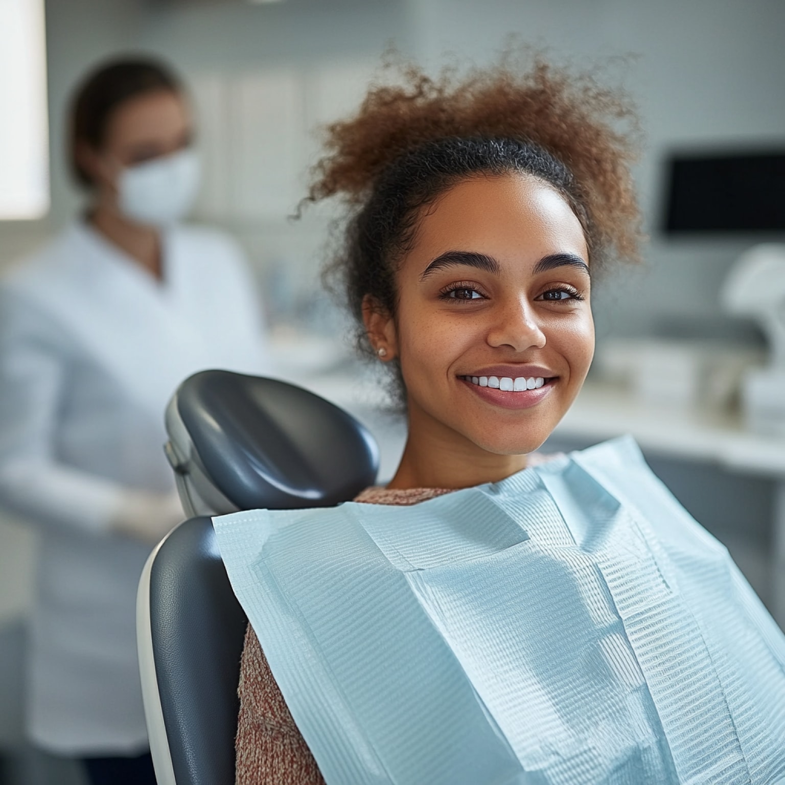 A person smiling in a dental chair with a dental professional in the background, wearing a mask, in a clean, bright clinic.